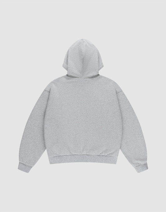 The LIVE FAST DIE YOUNG Flannel Lined Hooded Jacket in light gray is shown flat from the back with long sleeves and ribbed cuffs and hem. This oversize fit zip jacket blends comfort and style.