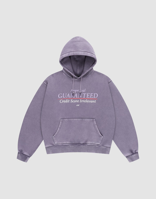 The LFDY Hotline Hooded by LIVE FAST DIE YOUNG is a lavender oversized hoodie with drawstring hood, front pocket, and white Approval GUARANTEED Credit Score Irrelevant prints on front and back, shown laid flat on a light gray background. | plain