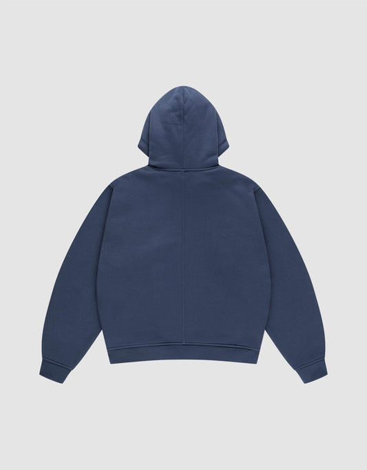 The LFDY Heavyweight Lounge Hooded by LIVE FAST DIE YOUNG is shown flat, back-up, in dark blue 100% cotton with long sleeves and a relaxed regular fit. No visible logos or designs appear against the light gray background.