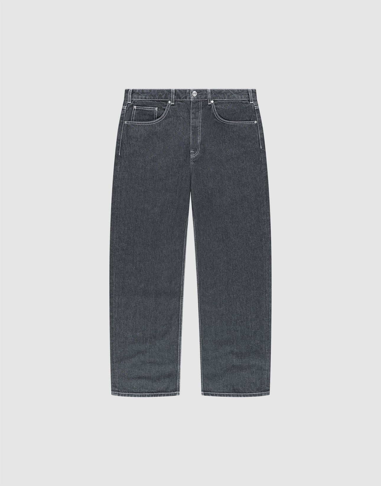 The LFDY Baggy Denim jeans by LIVE FAST DIE YOUNG feature a straight-leg fit, classic five-pocket design, and dark gray 100% Baumwolle denim, displayed flat on a light gray background. | plain