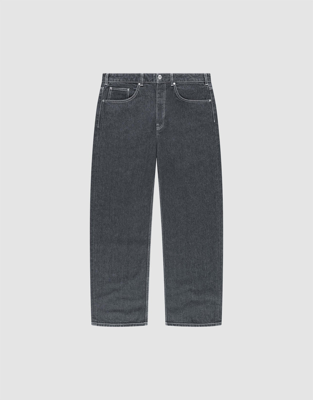 The LFDY Baggy Denim jeans by LIVE FAST DIE YOUNG feature a straight-leg fit, classic five-pocket design, and dark gray 100% Baumwolle denim, displayed flat on a light gray background. | plain