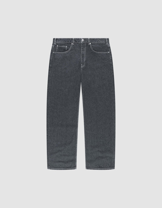 The LFDY Baggy Denim jeans by LIVE FAST DIE YOUNG feature a straight-leg fit, classic five-pocket design, and dark gray 100% Baumwolle denim, displayed flat on a light gray background. | plain