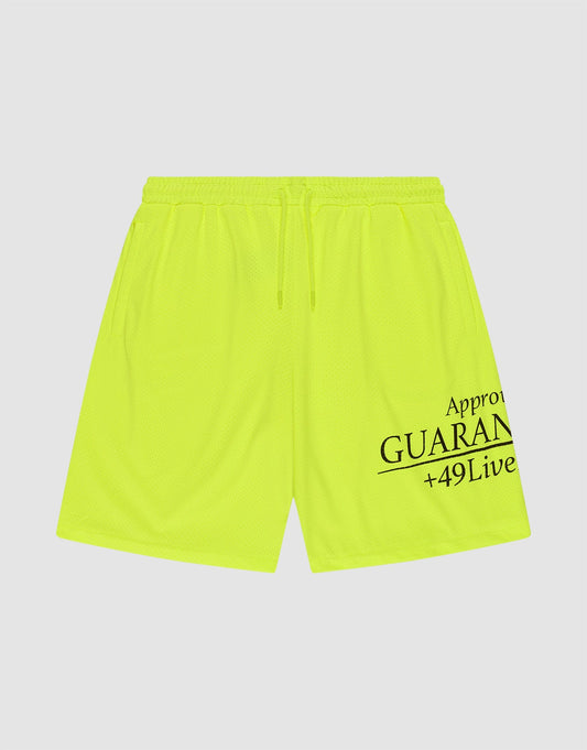 The LFDY Guaranteed Mesh Shorts by LIVE FAST DIE YOUNG are neon yellow polyester athletic shorts with an elastic waistband, drawstring, and black "Approv GUARAN +49Live" text on the lower right leg. Wide fit shown on a white background. | plain