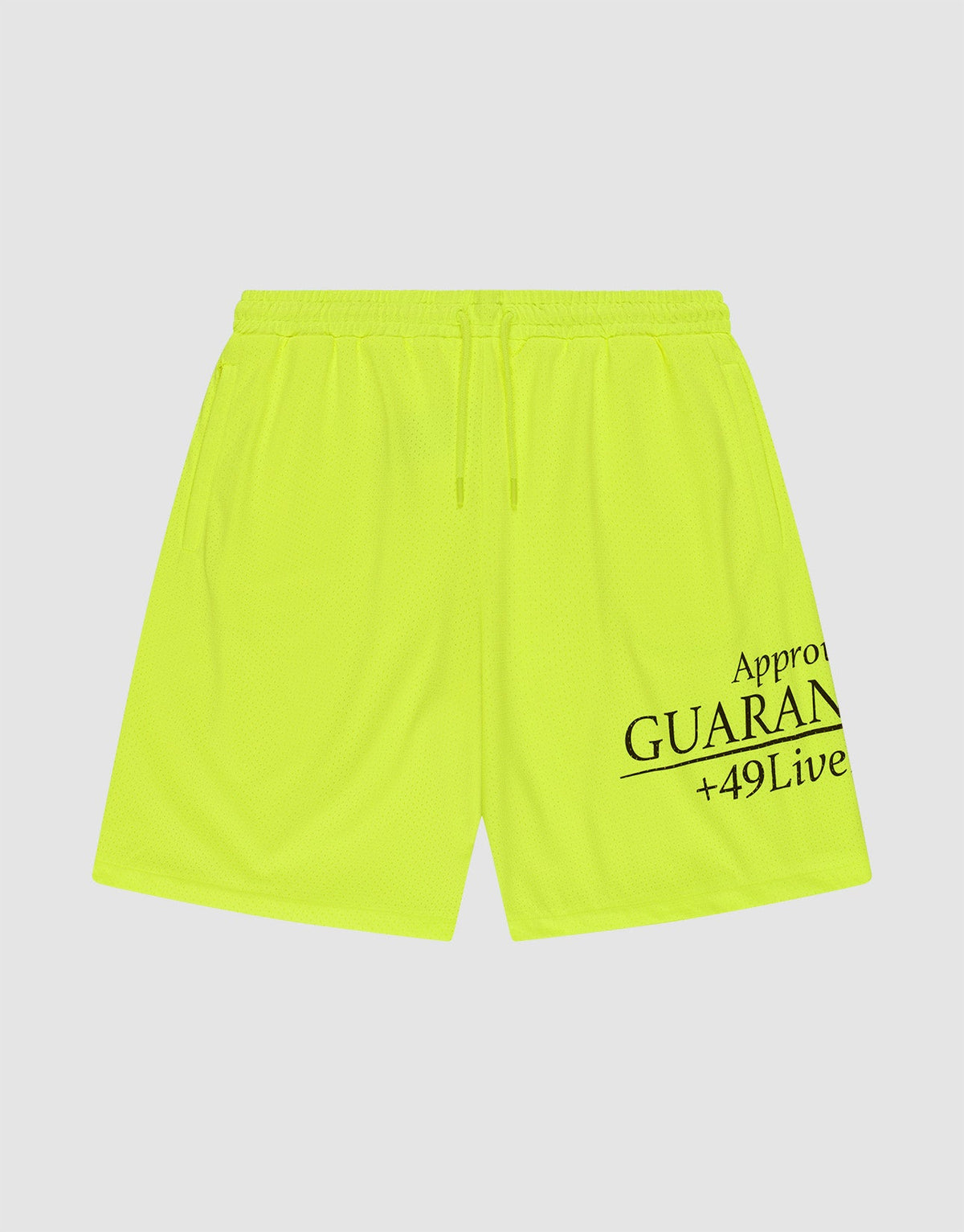 The LFDY Guaranteed Mesh Shorts by LIVE FAST DIE YOUNG are neon yellow polyester athletic shorts with an elastic waistband, drawstring, and black "Approv GUARAN +49Live" text on the lower right leg. Wide fit shown on a white background. | plain