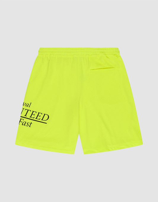 The LFDY Guaranteed Mesh Shorts by LIVE FAST DIE YOUNG feature a bright yellow wide fit, elastic waistband, small back pocket, and partial “val YTEED Fast” text on the left leg. Made from lightweight polyester for sporty comfort.