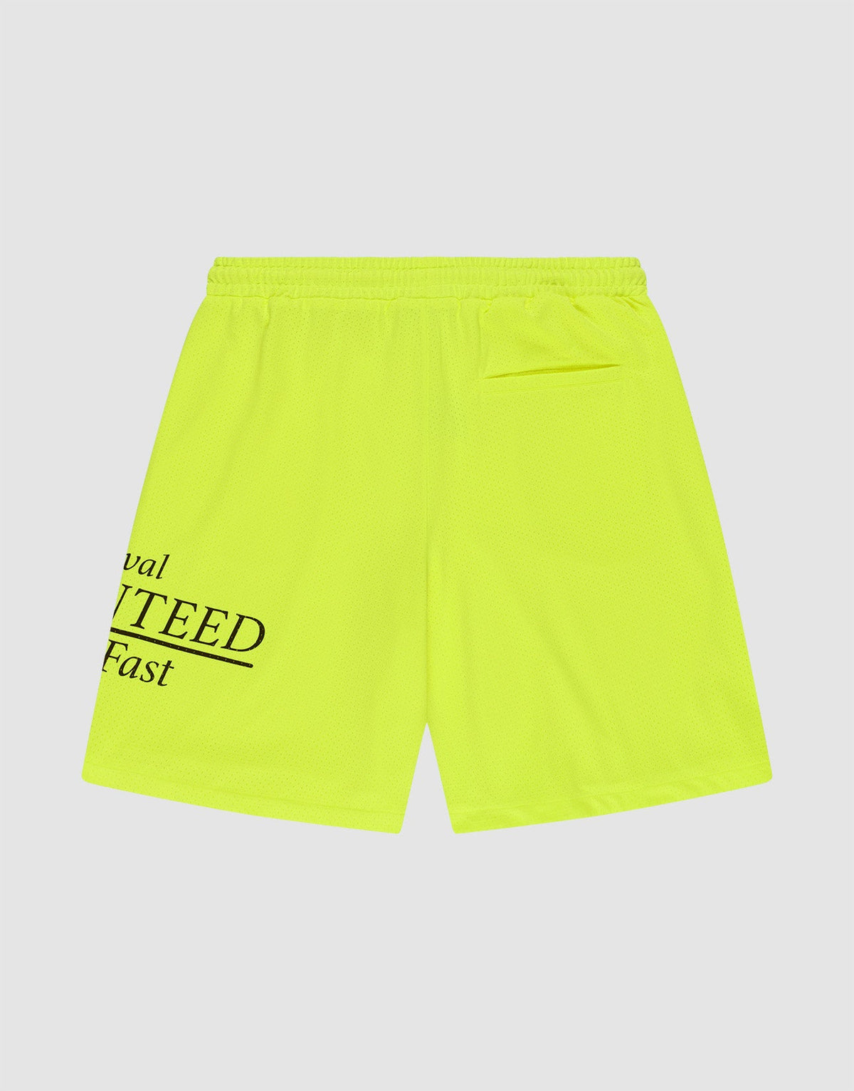 The LFDY Guaranteed Mesh Shorts by LIVE FAST DIE YOUNG feature a bright yellow wide fit, elastic waistband, small back pocket, and partial “val YTEED Fast” text on the left leg. Made from lightweight polyester for sporty comfort.