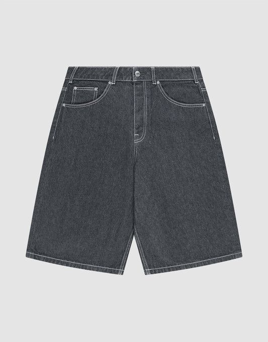 LIVE FAST DIE YOUNG LFDY Jorts in dark gray feature white stitching, five pockets, belt loops, a button fly, and a signature lederpatch. Shown laid flat on a light gray background. | plain