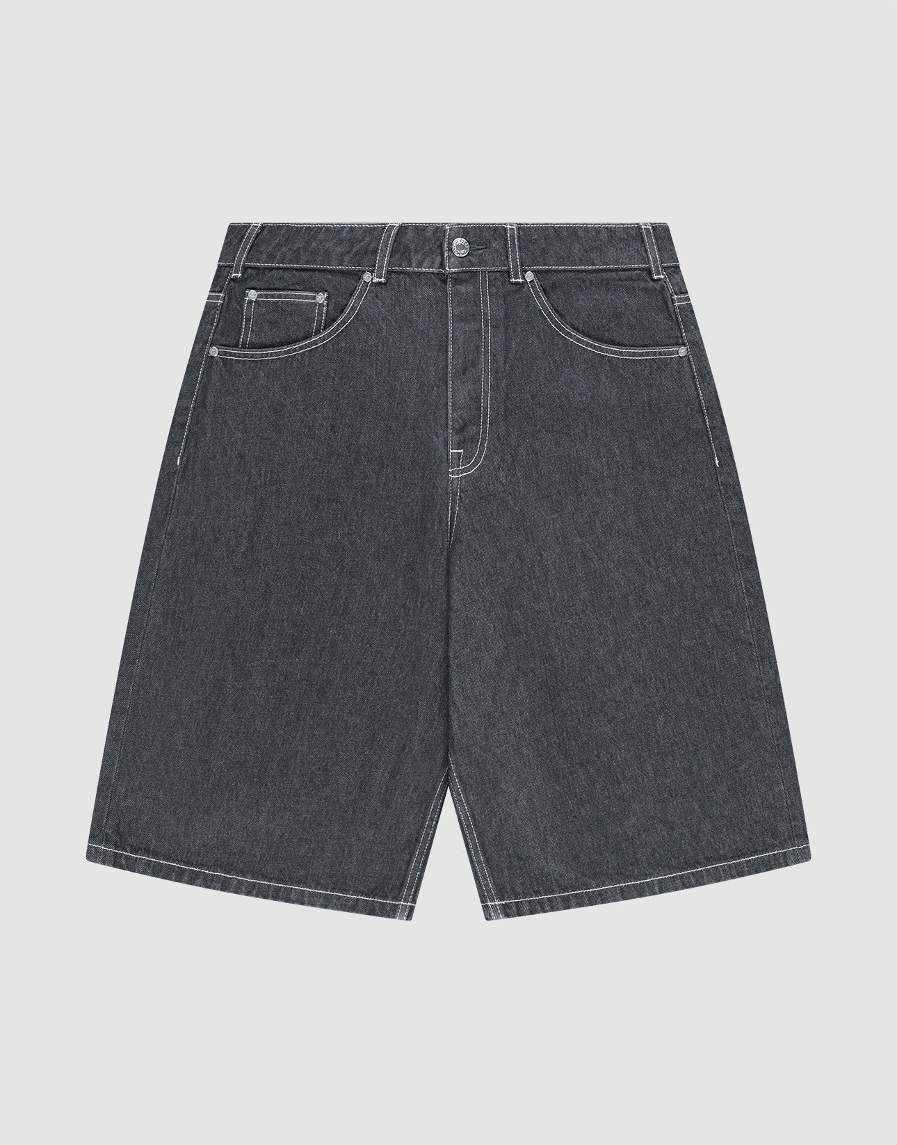 LIVE FAST DIE YOUNG LFDY Jorts in dark gray feature white stitching, five pockets, belt loops, a button fly, and a signature lederpatch. Shown laid flat on a light gray background.
