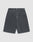 LIVE FAST DIE YOUNG LFDY Jorts in dark gray feature white stitching, five pockets, belt loops, a button fly, and a signature lederpatch. Shown laid flat on a light gray background.