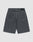 The LFDY Jorts by LIVE FAST DIE YOUNG are shown from the back, displaying a baggy fit, two large rear pockets with white stitching, and a black “LIVE FAST” Lederpatch on the waistband. The dark gray shorts are laid flat on a light background.