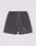 The LIVE FAST DIE YOUNG Live Fast LF Shorts are dark gray, wide fit athletic shorts featuring an elastic waistband, lavender drawstrings, side pockets, and a bold lavender LIVEFAST logo with emblem on the left leg.