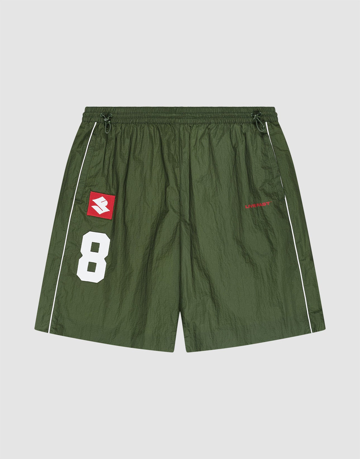 The LFDY Nylon Trackshorts by LIVE FAST DIE YOUNG feature a wide fit, elastic waistband, green polyamid fabric, white piping, number 8 and logo patch, plus bold red "LIBERTY" text on the right leg for sporty style and active comfort. | plain