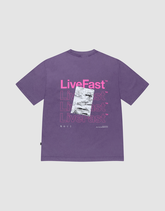 The Basic Evidence Tee by LIVE FAST DIE YOUNG is a purple 100% cotton T-shirt with LiveFast pink backprint, black-and-white photo, and oversize fit for comfort. Features front and back prints for standout style. | plain