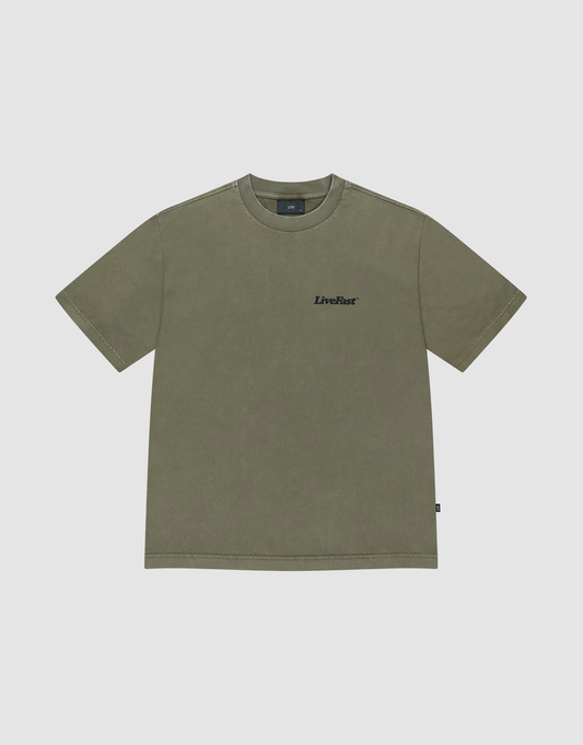 The Basic 210 Tee by LIVE FAST DIE YOUNG is an olive green oversize fit, short-sleeve t-shirt in 100% cotton with a crew neck and small LiveFast front print on the left chest, shown flat on a plain light gray background.
