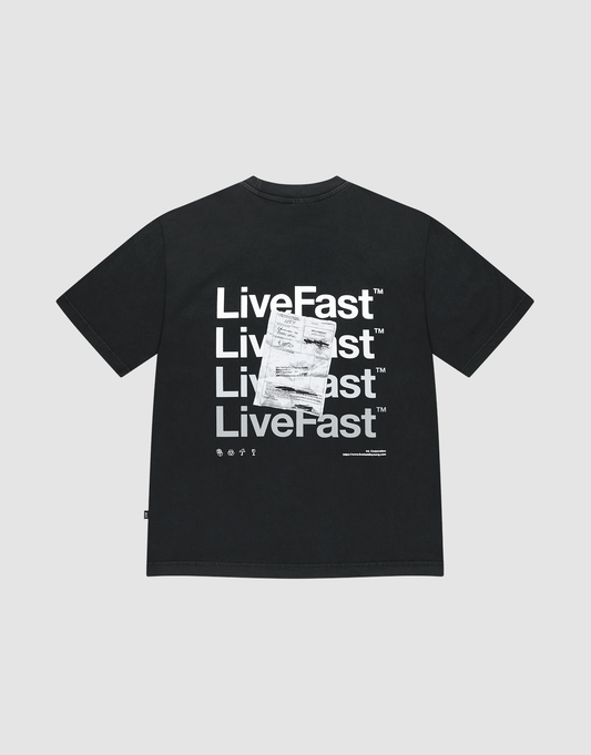 LIVE FAST DIE YOUNG's Basic Evidence Tee is an oversize black shirt featuring repeated white LiveFast™ text and a bold receipt graphic backprint. Made of 100% cotton (Baumwolle), shown on a plain light gray background. | plain