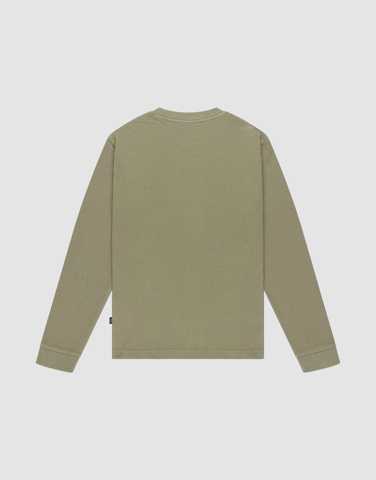 The Basic Waffle Longsleeve by LIVE FAST DIE YOUNG in olive green is displayed laid flat, back side up, against a plain light background.