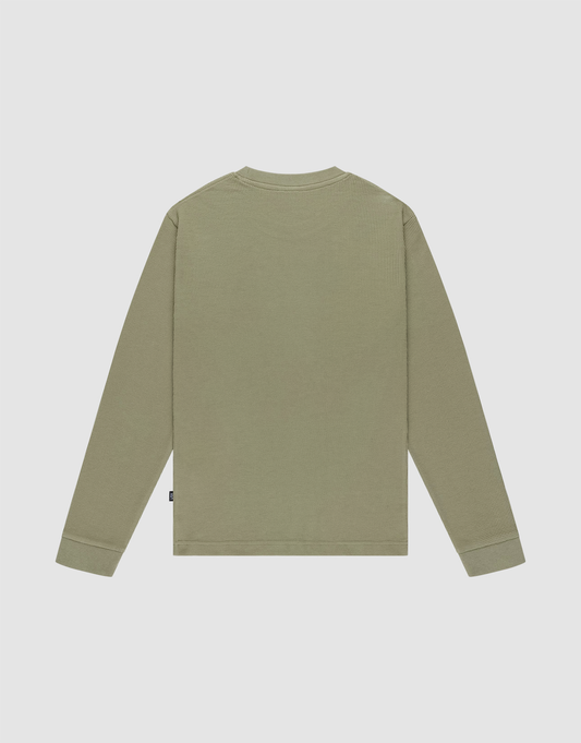 The Basic Waffle Longsleeve by LIVE FAST DIE YOUNG in olive green is displayed laid flat, back side up, against a plain light background.