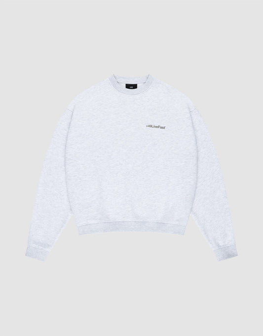 The LIVE FAST DIE YOUNG Basic +49 Chest Sweater is a light gray oversized crewneck with long sleeves and a small chestprint logo on the left, shown against a plain light gray background. | plain