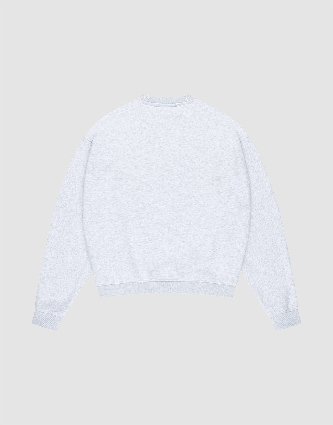 The LIVE FAST DIE YOUNG Basic +49 Chest Sweater is shown flat, back side up, against a light gray background. This oversized crewneck sweatshirt is made from soft Baumwolle and features long sleeves with ribbed cuffs and hem.