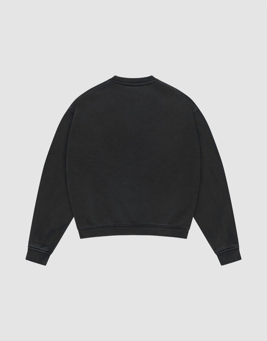 The LIVE FAST DIE YOUNG Basic +49 Chest Sweater, an oversized black crewneck, is shown flat on a light grey background. It features long sleeves and a simple design, made from a soft Baumwolle Polyester blend, with no visible logos or patterns.