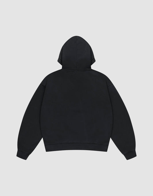 The LIVE FAST DIE YOUNG Basic Livefast Hooded sweatshirt in Oversize Fit is shown from the back with the hood up and sleeves spread out, displayed on a light gray background.
