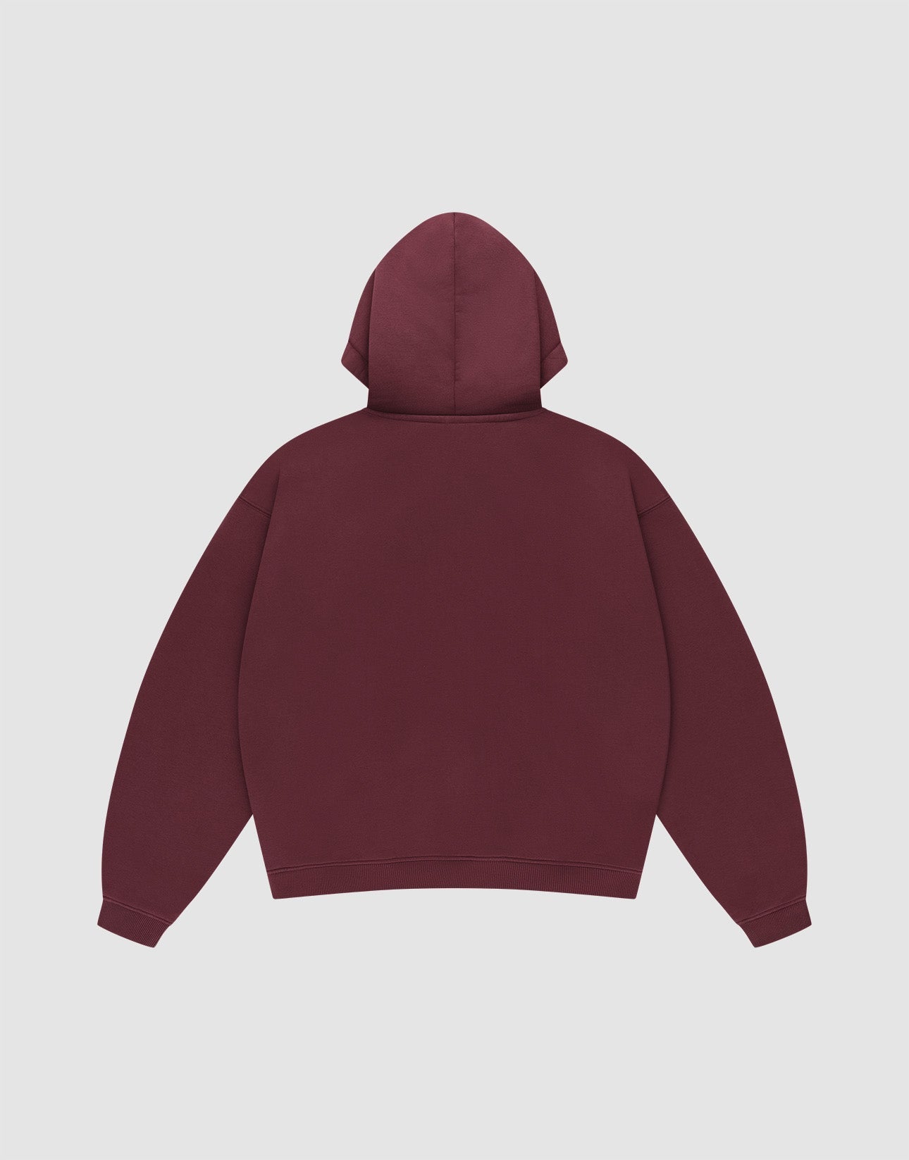 A Basic Hooded Zip by LIVE FAST DIE YOUNG in plain maroon is laid flat, back facing up, with long sleeves, a hood, and no visible logos or designs on a light gray background.