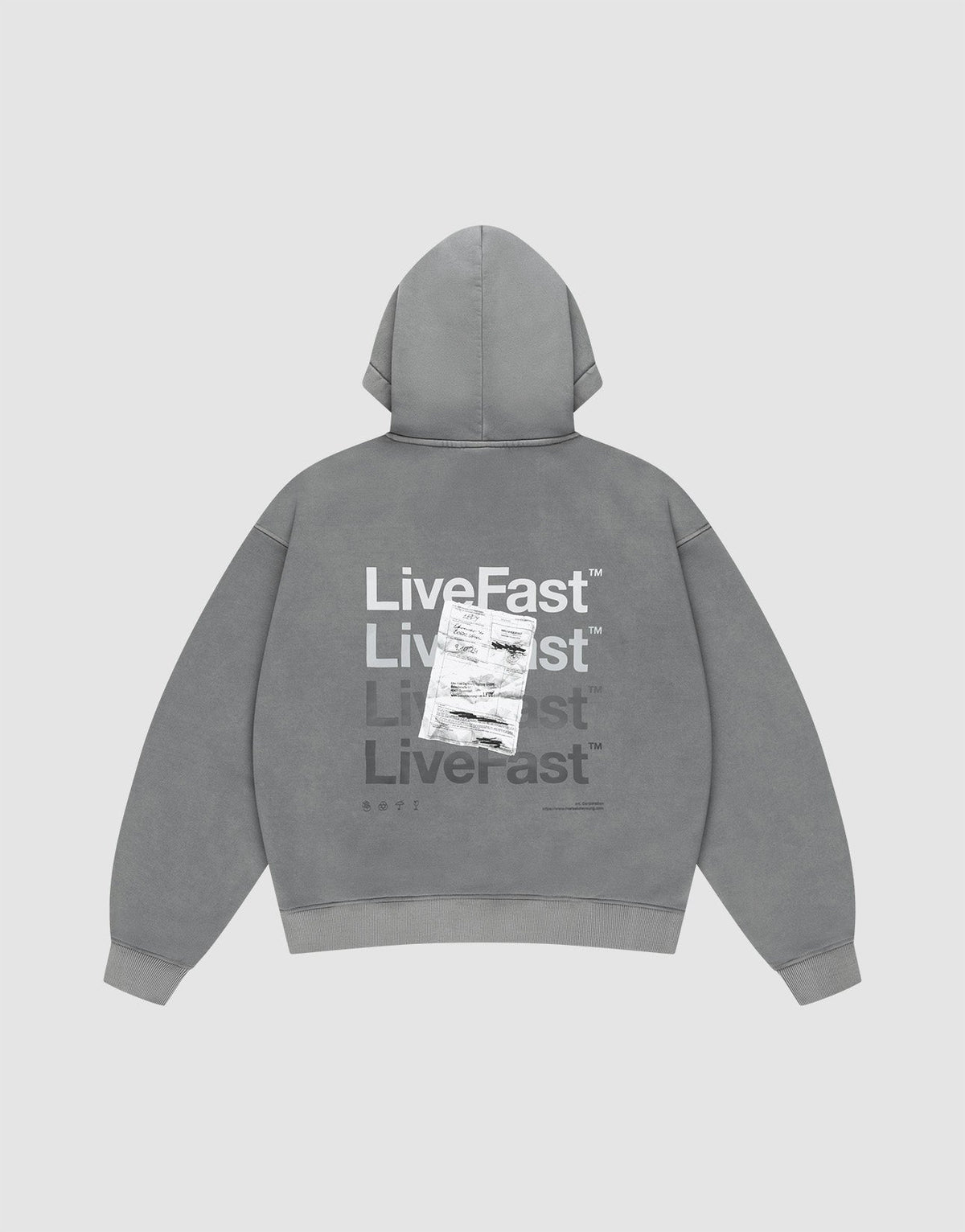 The Basic Evidence Hooded by LIVE FAST DIE YOUNG features an oversize fit, faded gray fabric, and bold “Live Fast” prints in white and gray on the back, with a shipping label graphic. The background is plain light gray. | plain