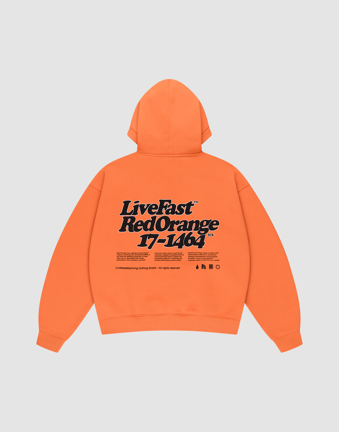 Oversized Basic Orange Hooded by LIVE FAST DIE YOUNG, shown flat to display bold black Front- and Backprint: “LiveFast™ RedOrange 17–14%.” Made from cotton-poly blend with extra text and logos near the hem. | plain