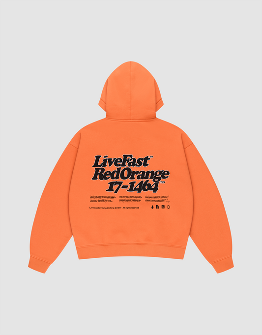 Oversized Basic Orange Hooded by LIVE FAST DIE YOUNG, shown flat to display bold black Front- and Backprint: “LiveFast™ RedOrange 17–14%.” Made from cotton-poly blend with extra text and logos near the hem. | plain