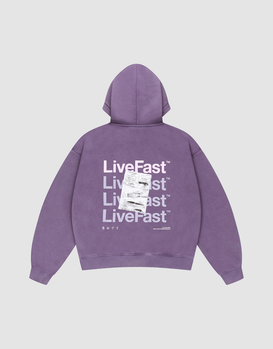 The Basic Evidence Hooded by LIVE FAST DIE YOUNG is a purple oversized hoodie made from cotton-polyester, featuring bold white LiveFast prints on the front and back, a paper-inspired graphic on the back, and small white text near the hem. | plain
