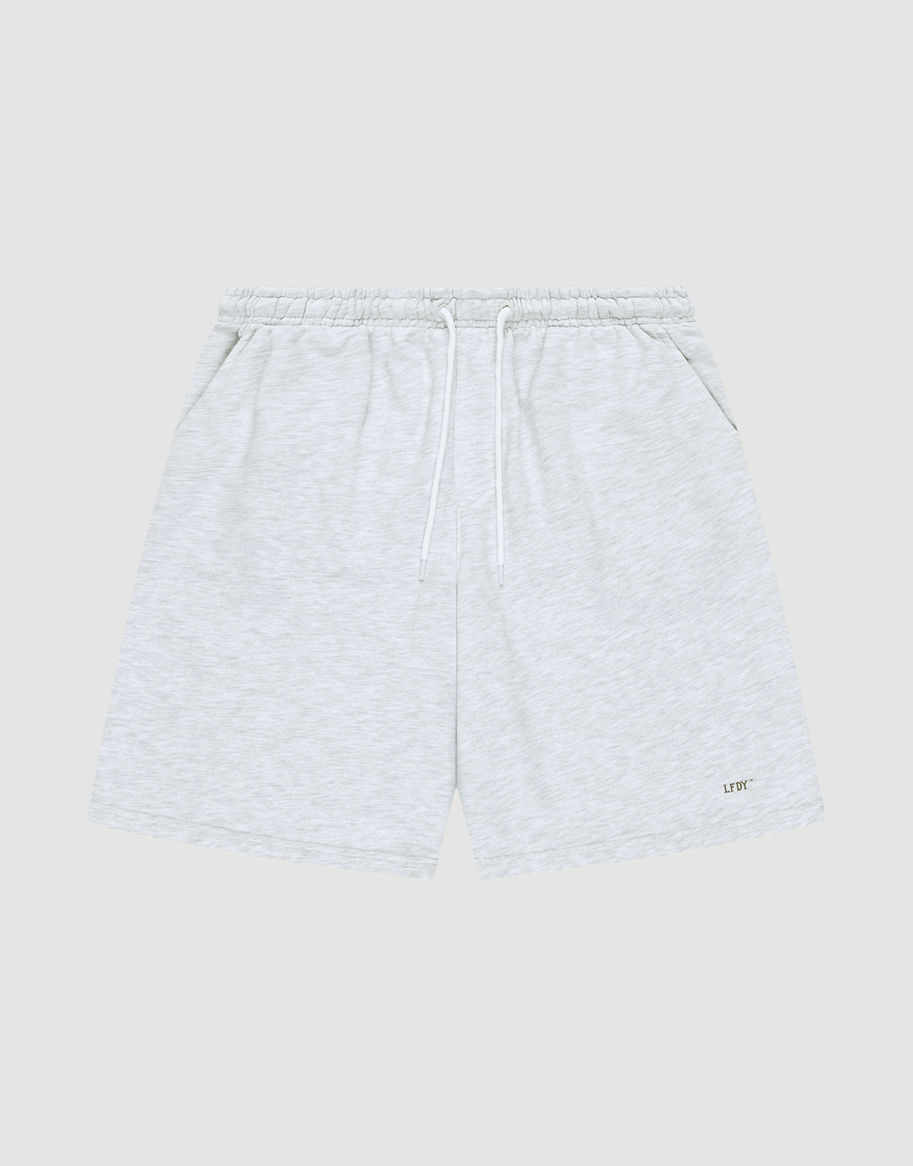 LIVE FAST DIE YOUNG Basic Shorts in light gray feature a logo-print on the lower left leg, elastic waistband with white drawstring, side pockets, and a regular fit. Displayed on a plain gray background. | plain