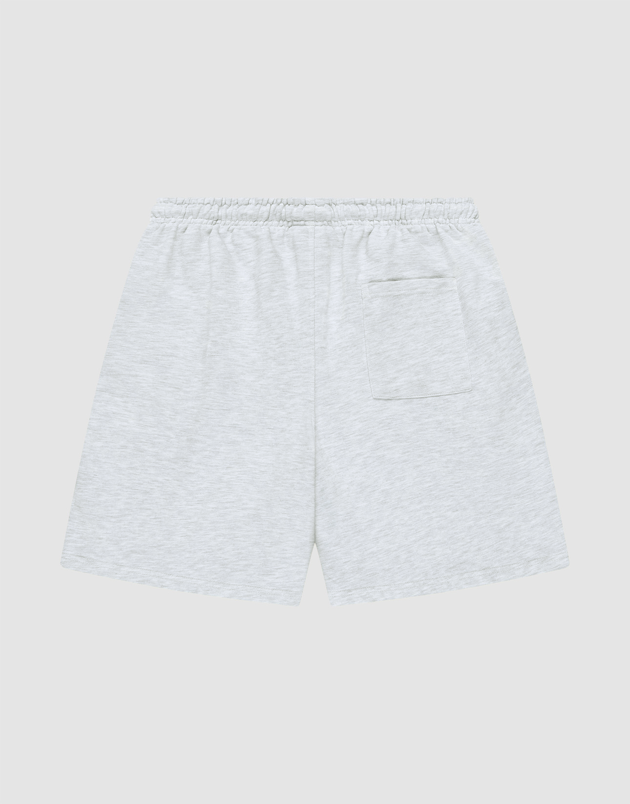 The LIVE FAST DIE YOUNG Basic Shorts, in light gray, feature an elastic waistband, a right-side patch pocket, and a regular fit. Shown from the back against a plain light gray background.