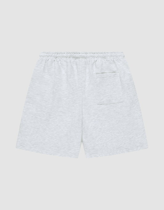 The LIVE FAST DIE YOUNG Basic Shorts, in light gray, feature an elastic waistband, a right-side patch pocket, and a regular fit. Shown from the back against a plain light gray background.