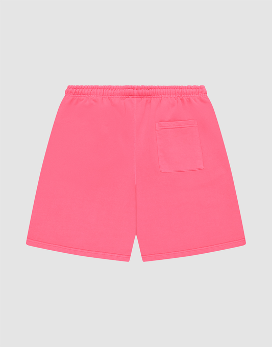 LIVE FAST DIE YOUNG Basic Shorts in bright pink with regular fit, elastic waistband, and a single back patch pocket, shown on a plain light gray background.