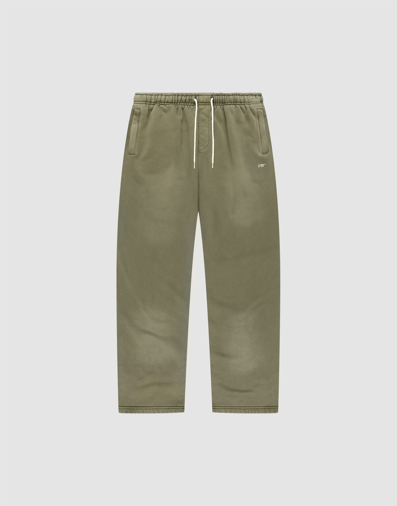 The Basic Wide Jogger by LIVE FAST DIE YOUNG features an olive green wide fit, elastic waistband, white drawstring, side pockets, and a minimal logo on the left pocket. Shown on a plain white background for a clean presentation. | plain