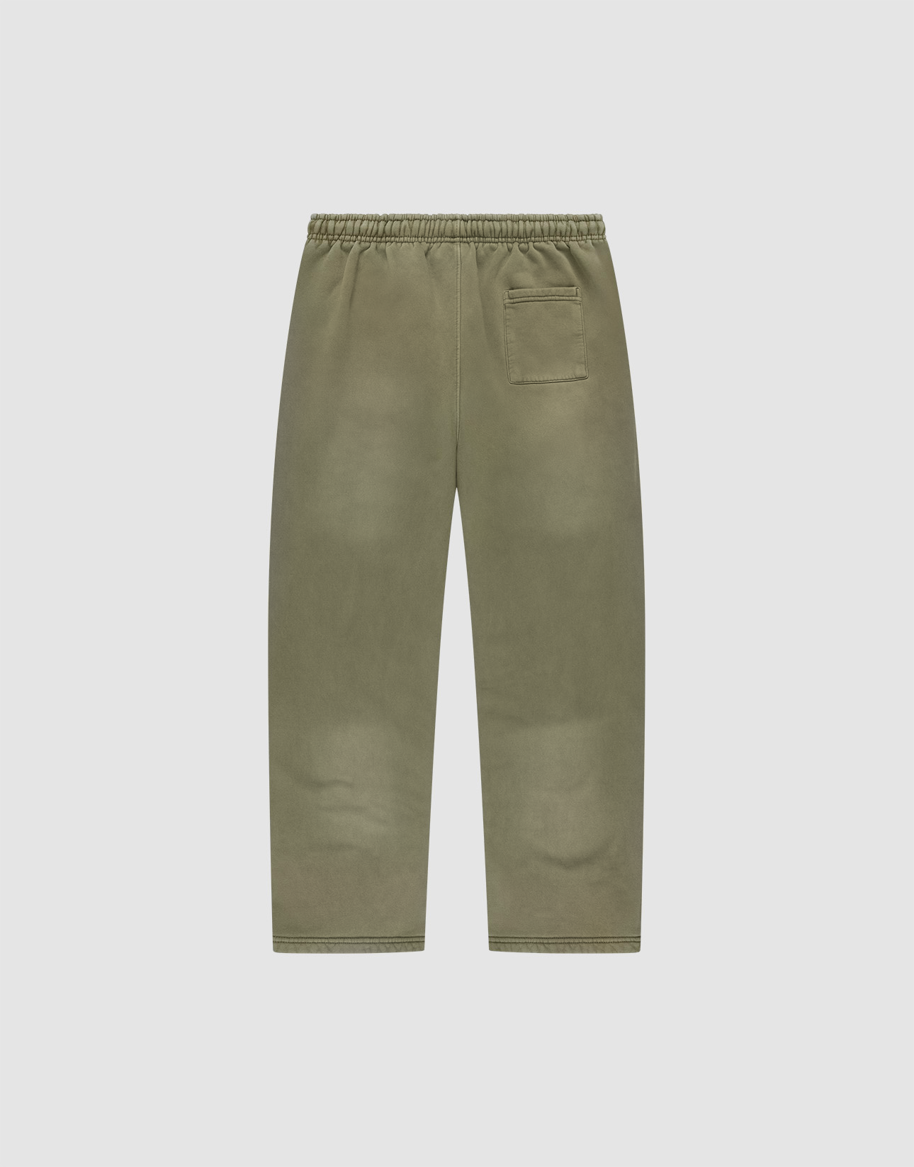 The LIVE FAST DIE YOUNG Basic Wide Jogger is an olive green, wide fit straight-leg pant with an elastic waistband, single back pocket, and subtle faded look, shown flat against a plain white background.