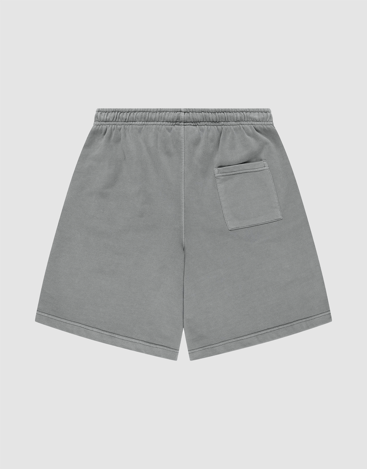 LIVE FAST DIE YOUNG Basic Shorts in gray, regular fit with an elastic waistband and a single back-right patch pocket. Subtle faded-look finish shown flat on a light background.