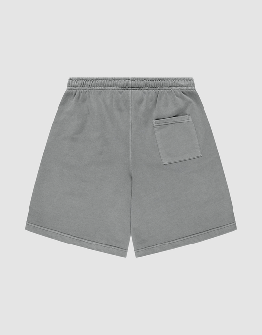 LIVE FAST DIE YOUNG Basic Shorts in gray, regular fit with an elastic waistband and a single back-right patch pocket. Subtle faded-look finish shown flat on a light background.