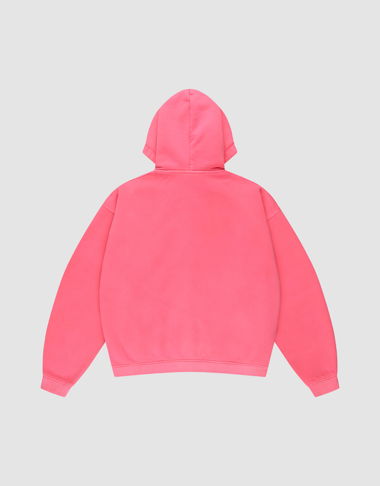 The LIVE FAST DIE YOUNG Basic Hooded Zip, an oversize fit sweatshirt in bright pink with long sleeves and a plain design, is displayed from the back on a light gray background.