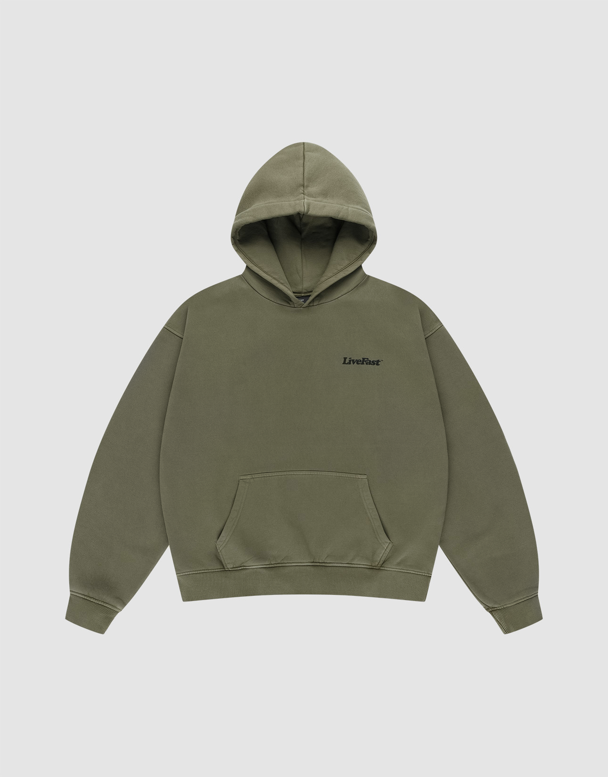 The Basic 360 Hooded by LIVE FAST DIE YOUNG is an olive green, oversized hoodie with a front pouch pocket and "LiveFast" embroidered in black on the left chest, shown flat on a light gray background with neat topstitching.