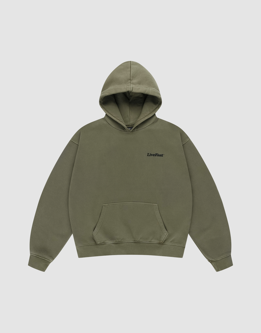 The Basic 360 Hooded by LIVE FAST DIE YOUNG is an olive green, oversized hoodie with a front pouch pocket and "LiveFast" embroidered in black on the left chest, shown flat on a light gray background with neat topstitching.