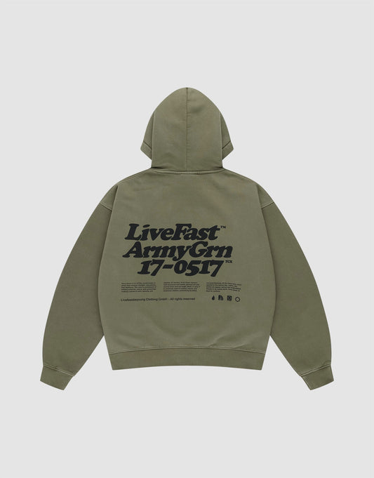 The Basic 360 Hooded by LIVE FAST DIE YOUNG in olive green features an oversized fit, bold black "LiveFast ArmyGrn 17-0517" text on the back, icon Front- und Backprint near the hem, and premium visible topstitching. | plain
