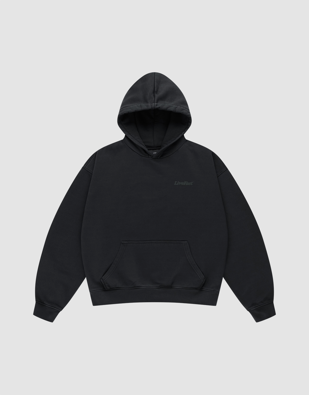 The LIVE FAST DIE YOUNG Basic 360 Hooded is a black cotton oversize fit sweatshirt with long sleeves and a front pocket, shown on a light gray background.