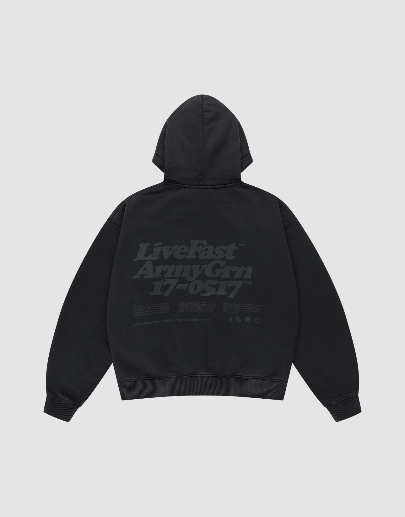 The LIVE FAST DIE YOUNG Basic 360 Hooded is a black cotton sweatshirt in oversize fit, flat-laid with the back facing up. The back features a large dark gray "LiveFast ArmyGrn 17-0517" print and smaller details underneath. | plain