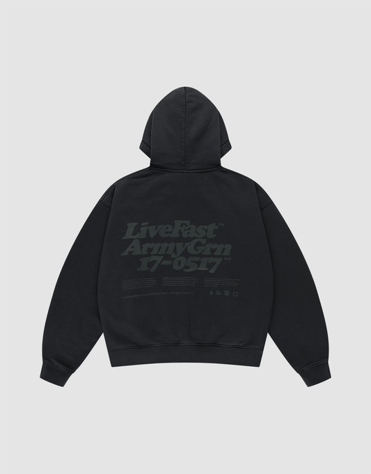 The LIVE FAST DIE YOUNG Basic 360 Hooded is a black cotton sweatshirt in oversize fit, flat-laid with the back facing up. The back features a large dark gray "LiveFast ArmyGrn 17-0517" print and smaller details underneath. | plain