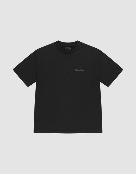 The LIVE FAST DIE YOUNG Basic 280 Tee is a plain black, short-sleeve t-shirt made from 100% Baumwolle, featuring a small LiveFast logo on the left chest and shown on a light gray background.
