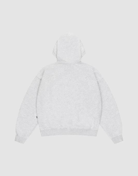 The LIVE FAST DIE YOUNG Basic Blank Hooded, shown laid flat, is an oversized light gray sweatshirt with long sleeves and a relaxed fit. Made from soft Baumwolle, it features no visible logos or designs on the back.