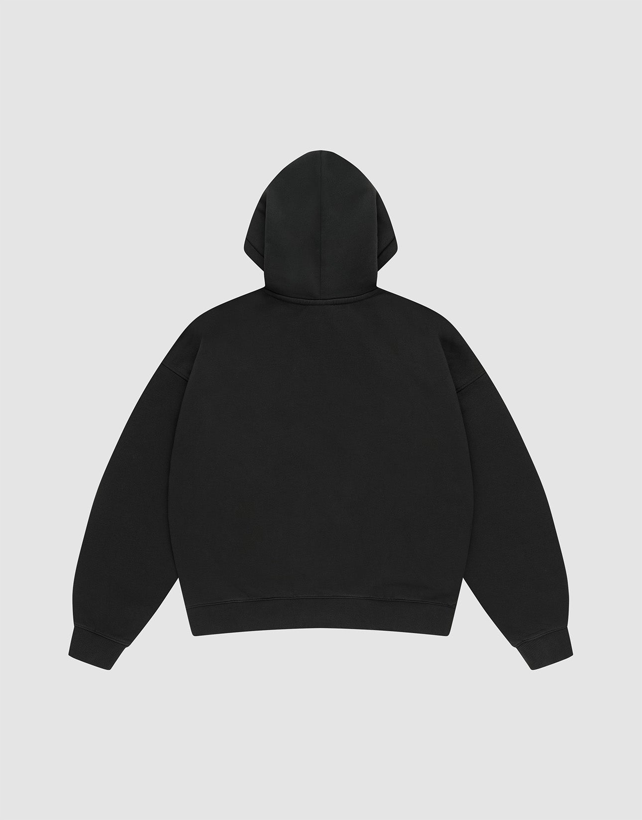 The LIVE FAST DIE YOUNG Basic Blank Hooded sweatshirt, in an oversize fit and made from Baumwolle Polyester, is shown flat against a light gray background with the hood up and sleeves spread out, displaying the back view.