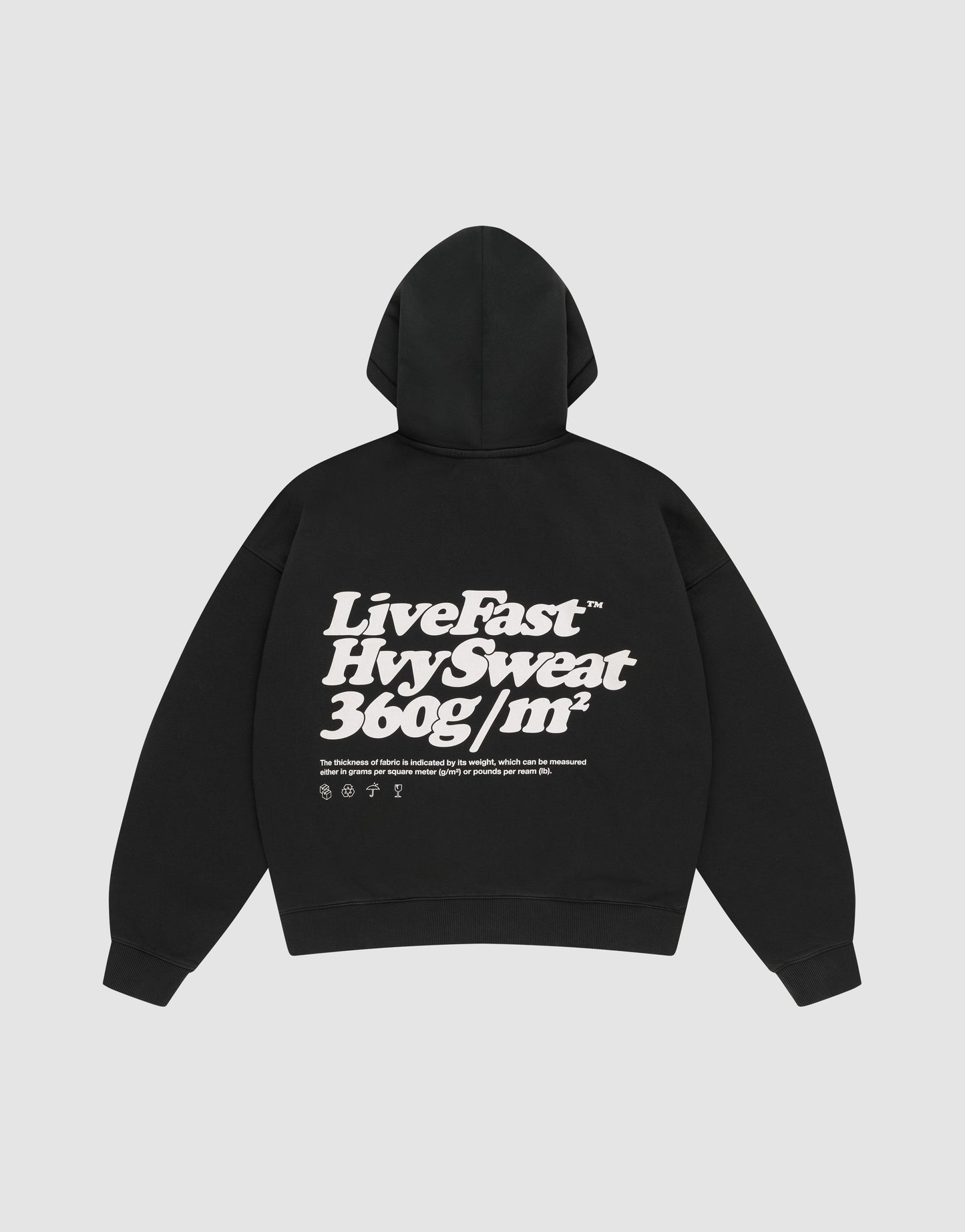 The LIVE FAST DIE YOUNG Basic 360 Hooded in black features an oversize fit and bold white backprint: "Live Fast Hyr Sweat 360g/m²" with smaller text and symbols. Made from premium Baumwolle for comfort and style.