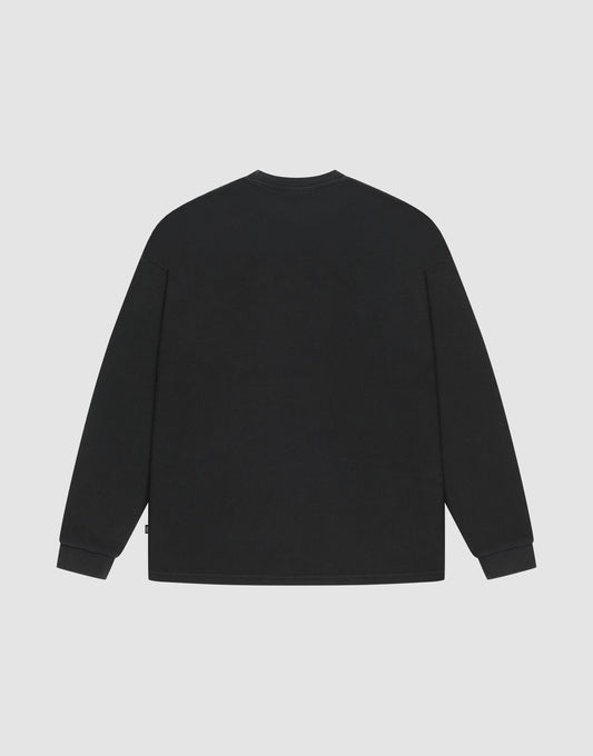 The LIVE FAST DIE YOUNG Blank Waffle Longsleeve is an oversized black shirt with a crew neckline, displayed from the back against a light gray background.